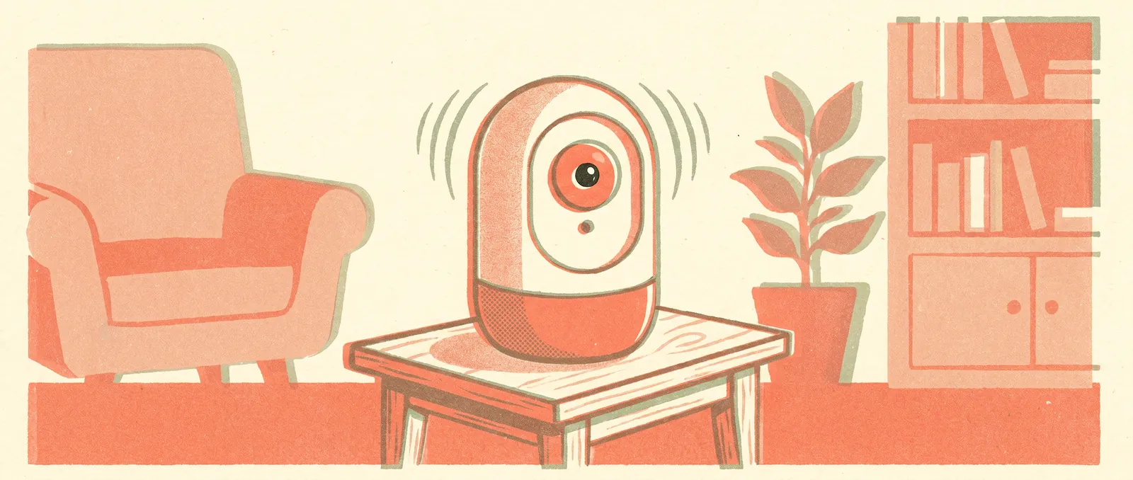 Risograph illustration of a rounded screenless smart speaker on a side table with gentle motion lines in a cozy living room