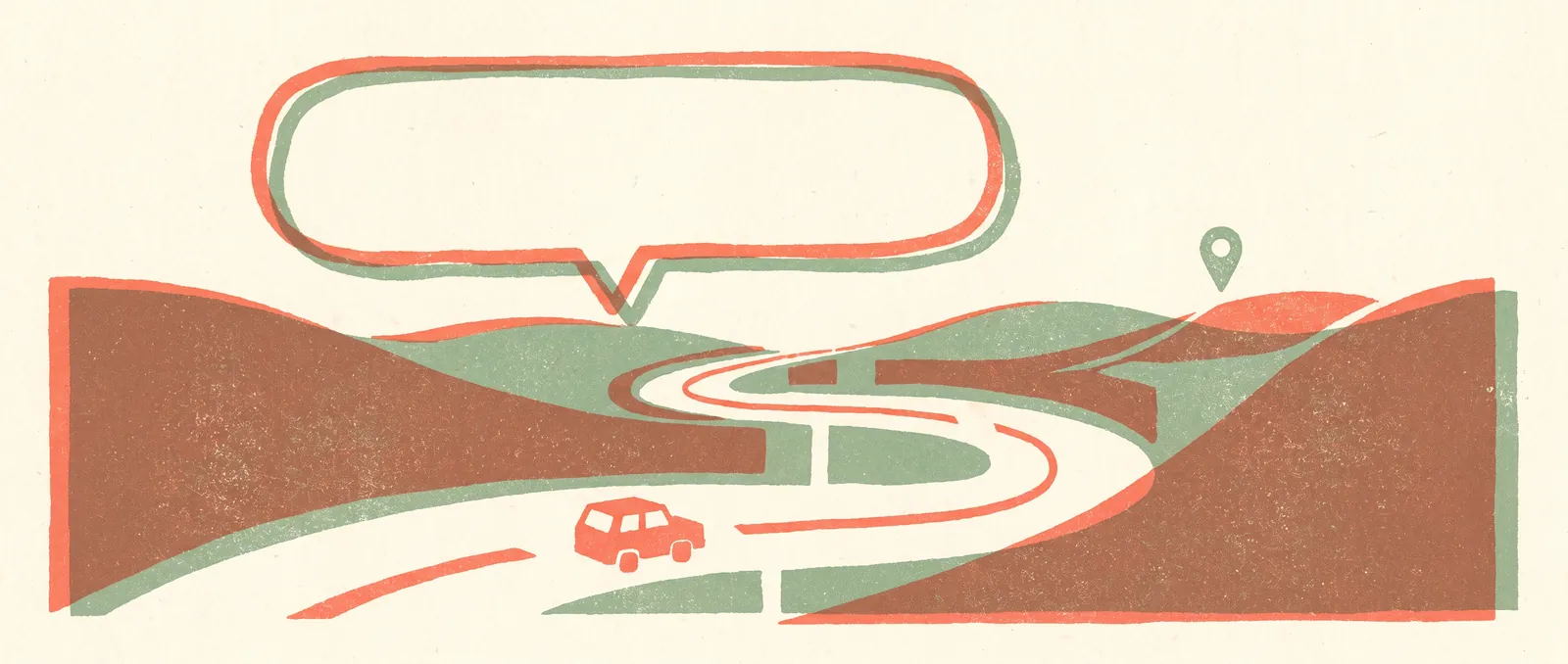 Risograph illustration of a winding road from above with a large speech bubble hovering over a curve like a road sign