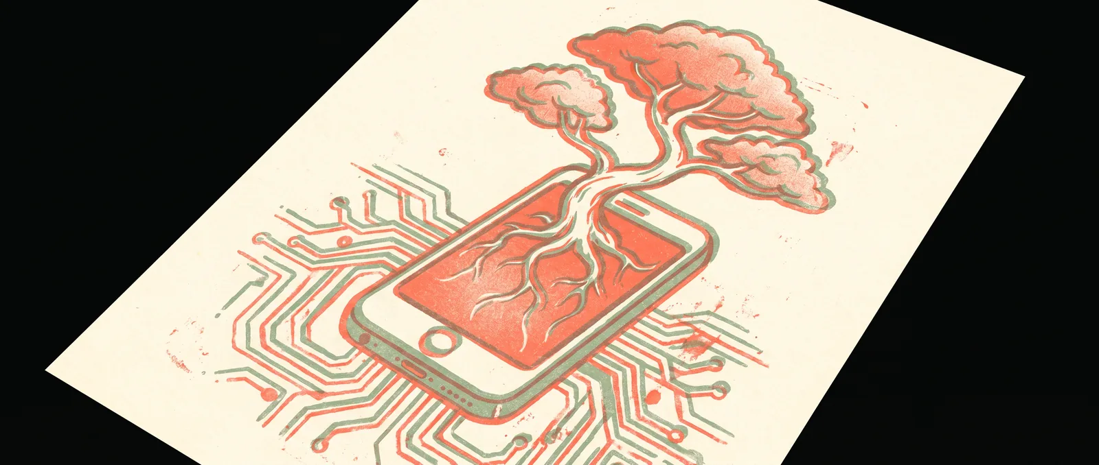 Risograph illustration of a bonsai tree growing out of a smartphone with roots spreading into circuit-board traces, evoking a powerful AI shrunk to fit in your pocket