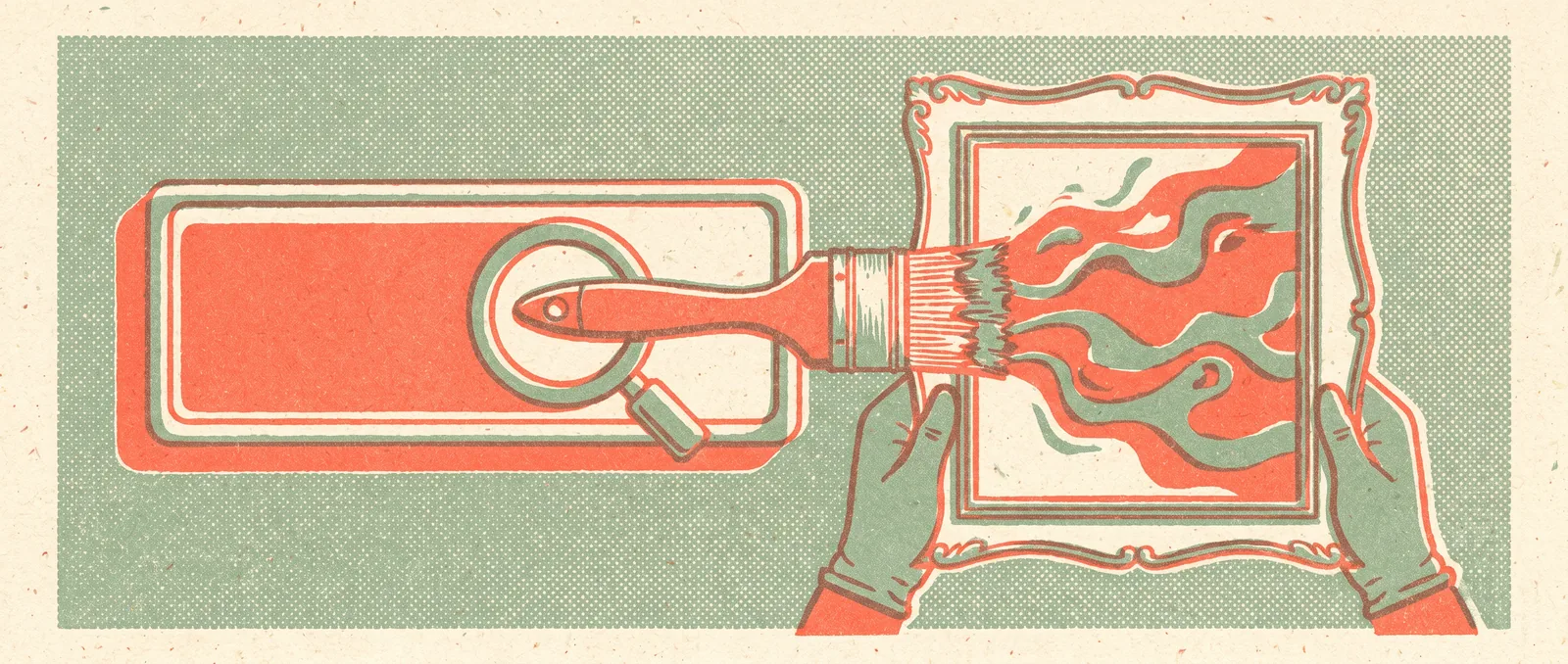 Risograph illustration of a search bar with a magnifying glass and a paintbrush conjuring a picture into an empty frame, evoking a search engine inventing an image it cannot find