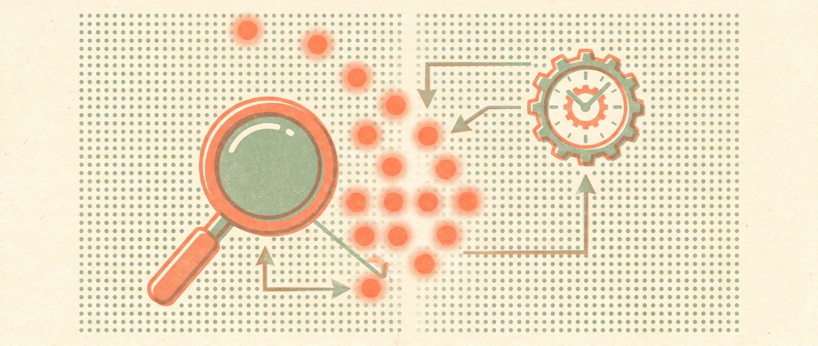 Risograph illustration of a large grid of dots with a few coral dots glowing as false signals, a magnifying lens and a small clock hovering above, evoking a machine racing through a statistics puzzle