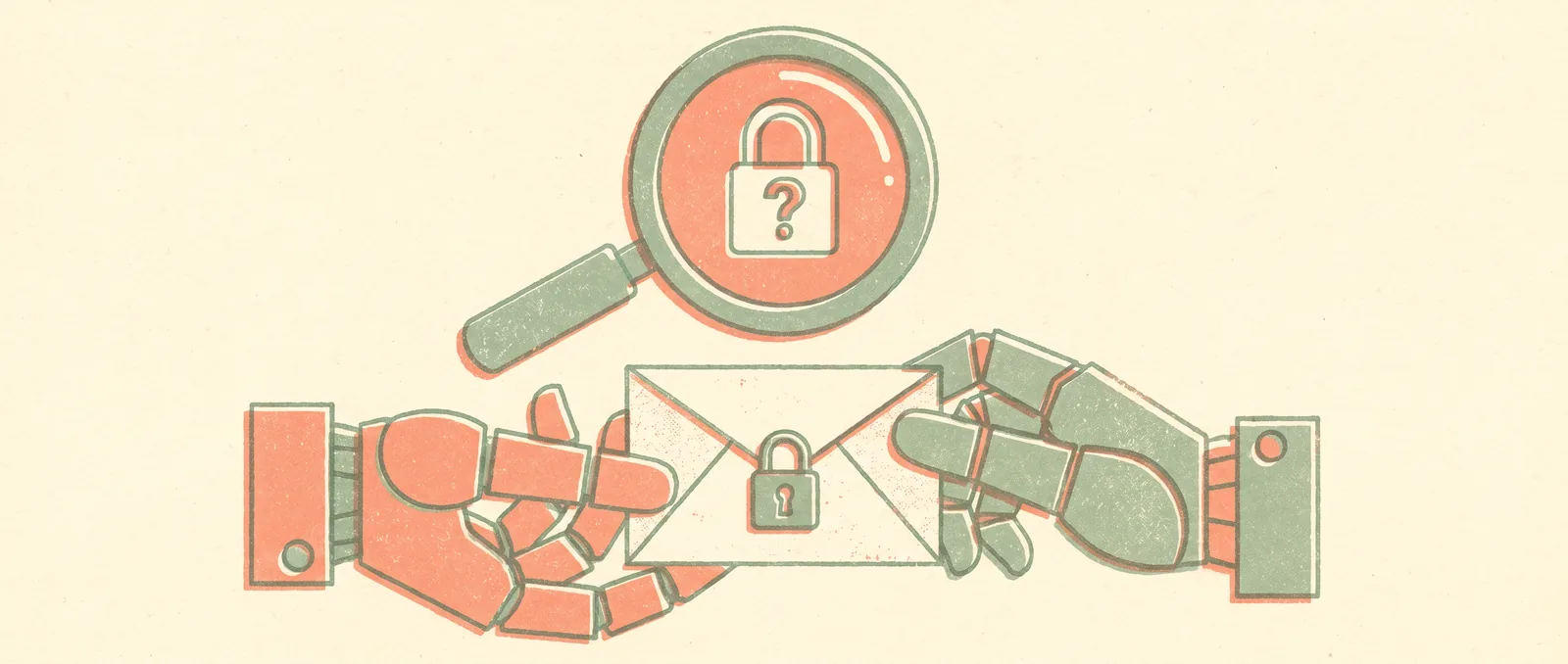 Risograph illustration of two mechanical hands passing a padlocked sealed envelope while a magnifying glass finds only a closed lock, evoking encrypted instructions hidden between AI agents