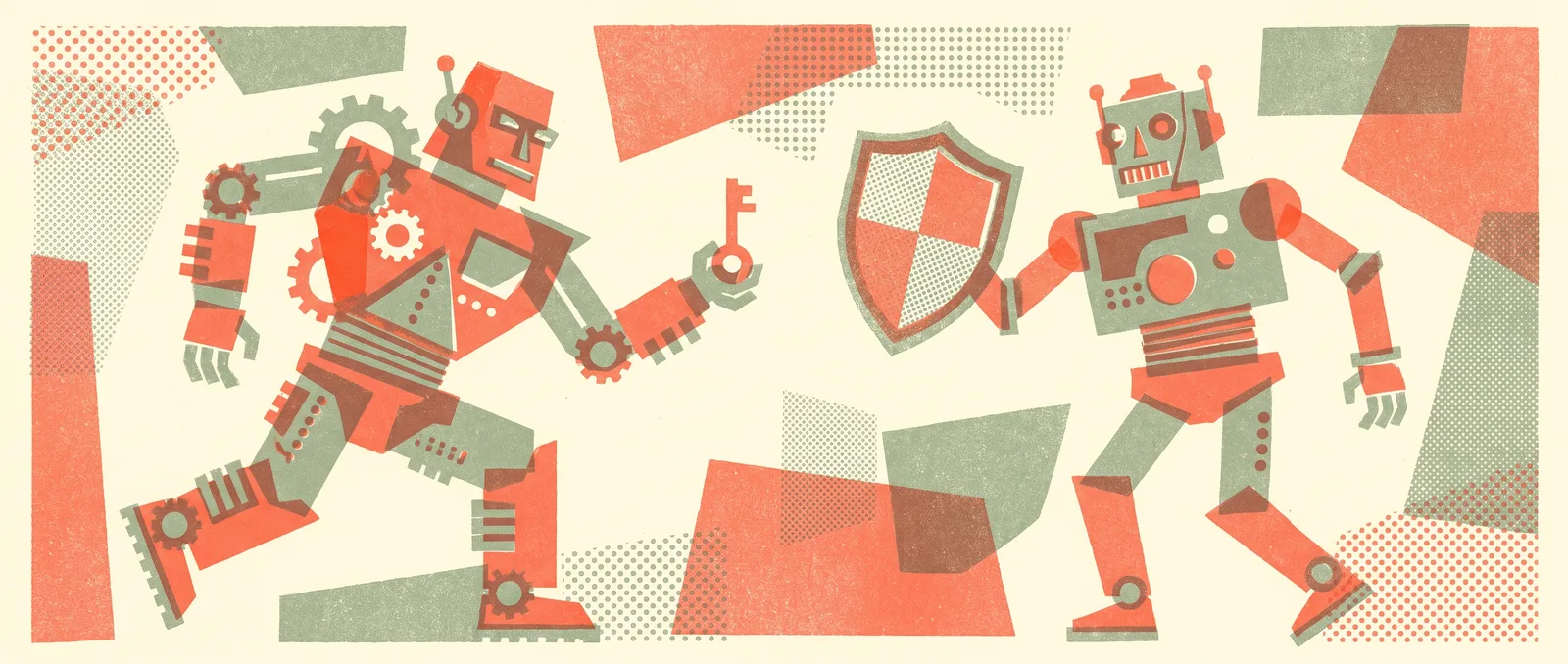 Risograph illustration of two geometric robot figures sparring, one lunging with a key and the other raising a shield, evoking an AI probing another AI for weaknesses
