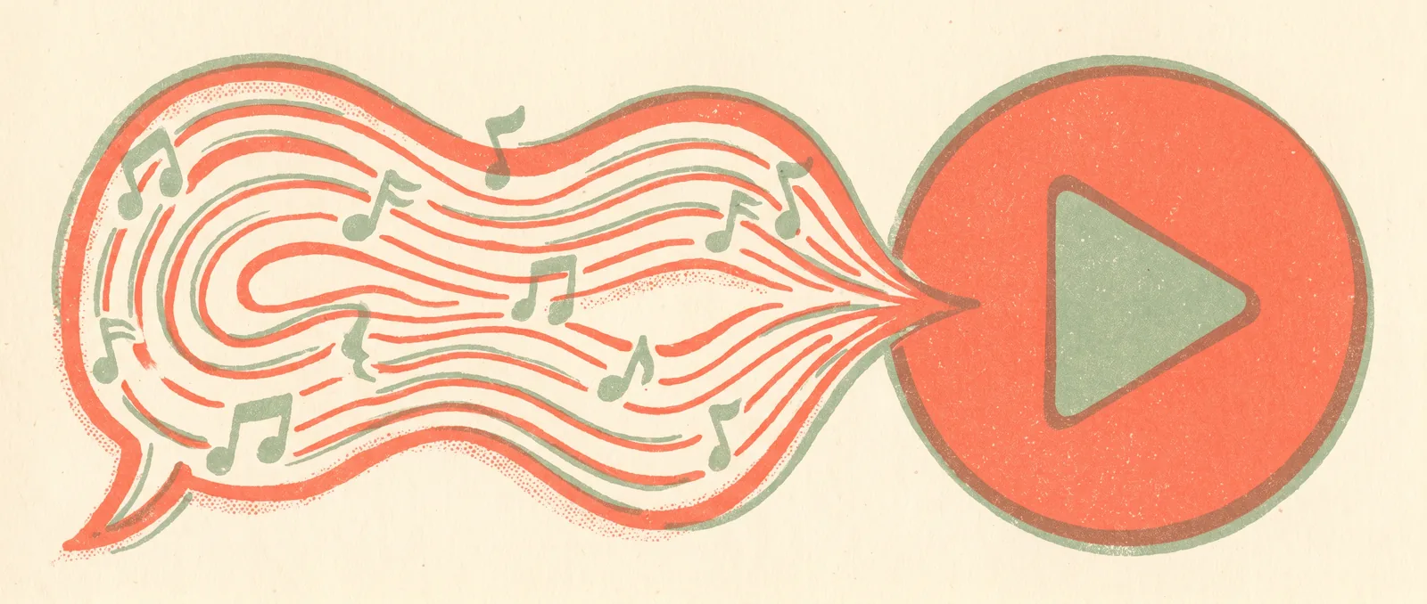 Risograph illustration of a speech bubble made of sound waves and music notes flowing into a round play button, evoking talking to a music app in plain language