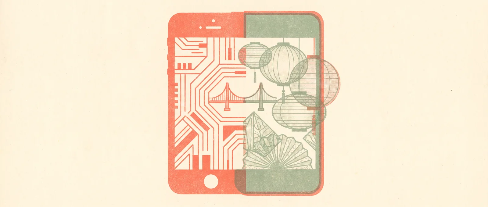 Illustrazione in stile risograph di uno smartphone con lo schermo diviso tra piste di un circuito stampato, lanterne di carta e ventagli pieghevoli, che richiama un assistente di IA ricostruito per la Cina