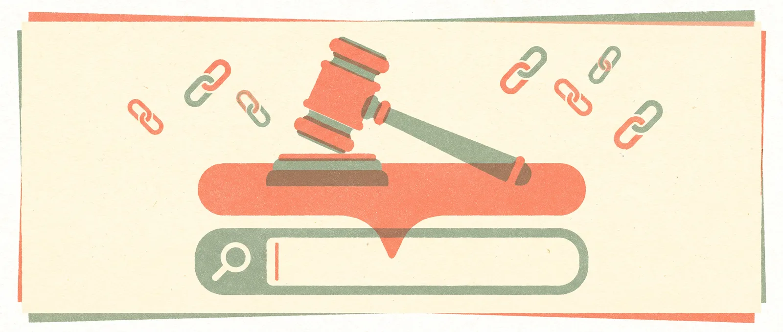 Illustrazione in stile risograph del martelletto di un giudice che colpisce una barra di ricerca, mentre intorno si disperdono anelli di catena spezzati