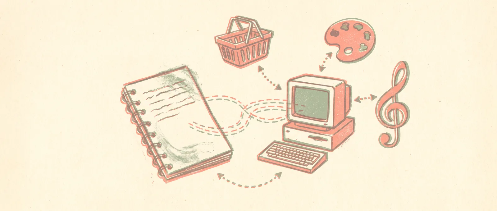 Illustrazione in stile risograph di un quaderno a spirale collegato da linee tratteggiate a un computer rétro, che si protende verso un cestino della spesa, una tavolozza e una chiave musicale