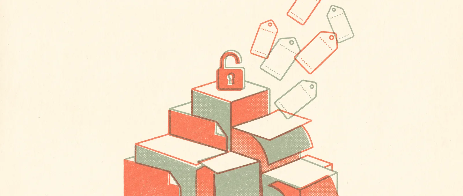 Illustrazione in stile risograph di una pila di scatole aperte sormontata da un lucchetto sbloccato, con cartellini del prezzo vuoti che fluttuano verso l'alto