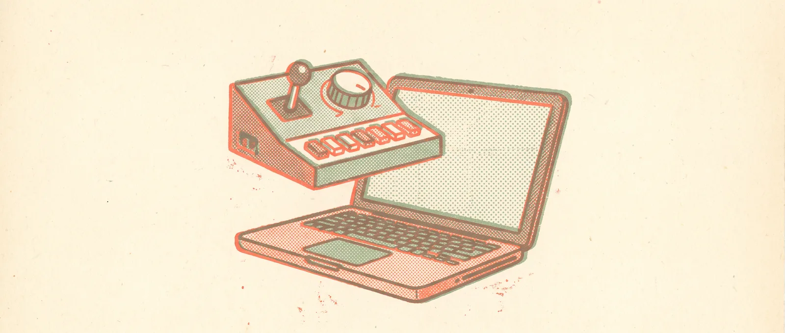 Illustrazione in stile risograph di un piccolo joystick e un tastierino sospesi sopra un portatile aperto con lo schermo vuoto