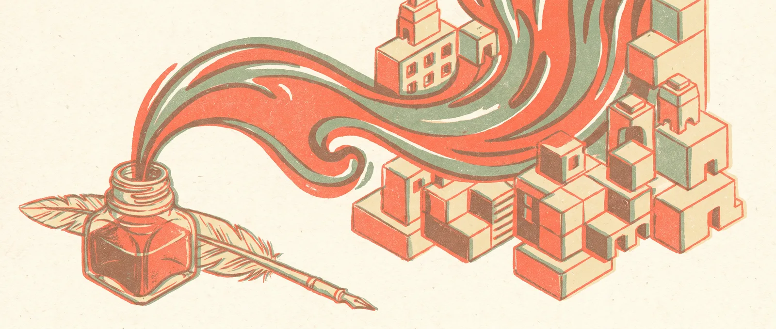 Illustrazione in stile risograph di un calamaio e una penna d'oca da cui si riversa un nastro d'inchiostro vorticoso che si compone in edifici squadrati