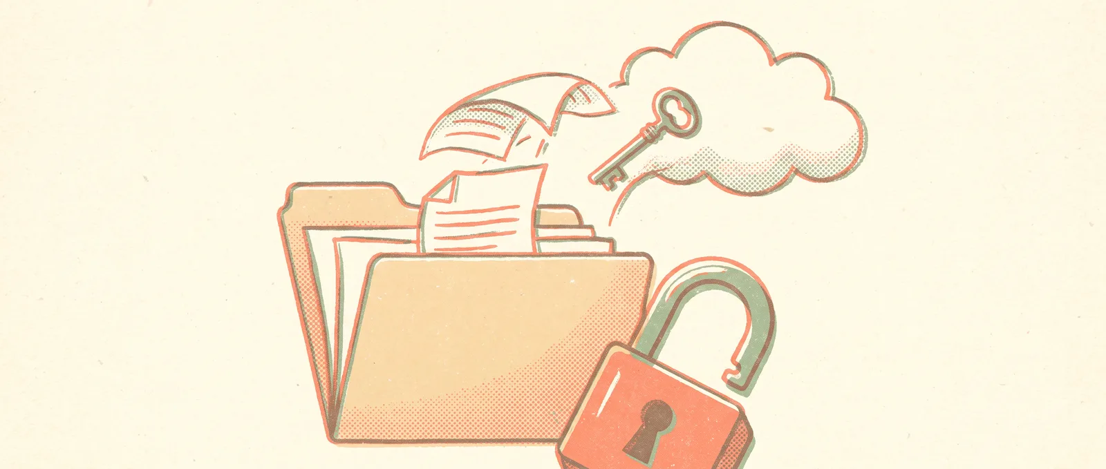 Illustrazione in stile risograph di una cartella aperta da cui fuoriescono documenti, mentre una chiave si allontana verso una nuvola e un lucchetto resta aperto