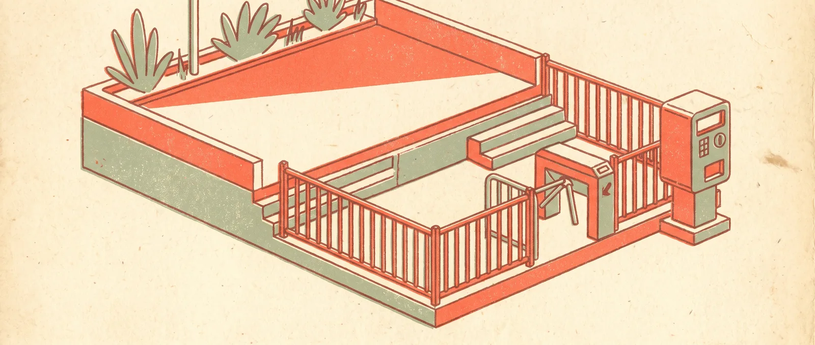 Illustrazione in stile risograph di una piattaforma a due livelli: quello superiore aperto e spazioso, quello inferiore recintato dietro un tornello con accanto un parchimetro