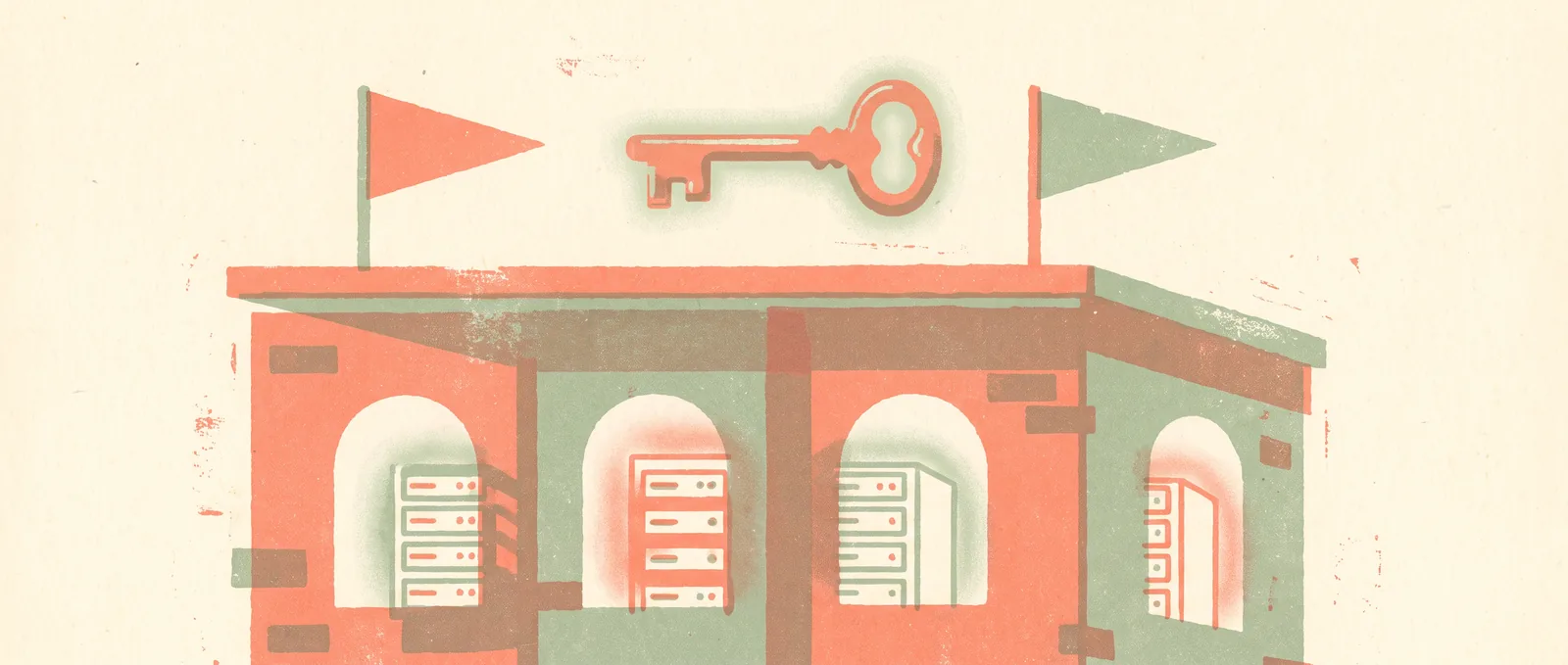 Illustrazione in stile risograph di due bandiere rivali piantate sul tetto di un unico edificio condiviso pieno di rack di server, con una grande chiave sospesa tra loro