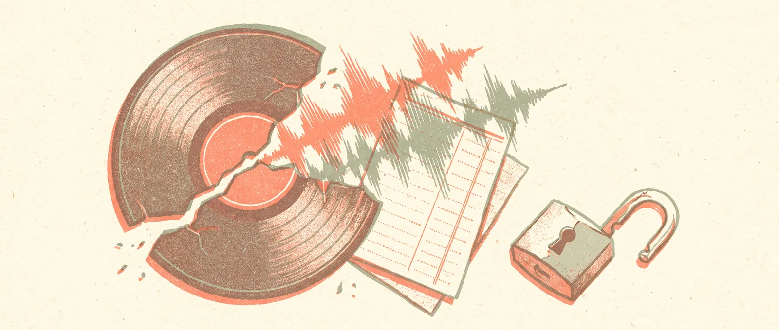 Illustrazione in stile risograph di un disco in vinile incrinato da cui fuoriescono forme d'onda sonore e registri contabili, con accanto un lucchetto aperto