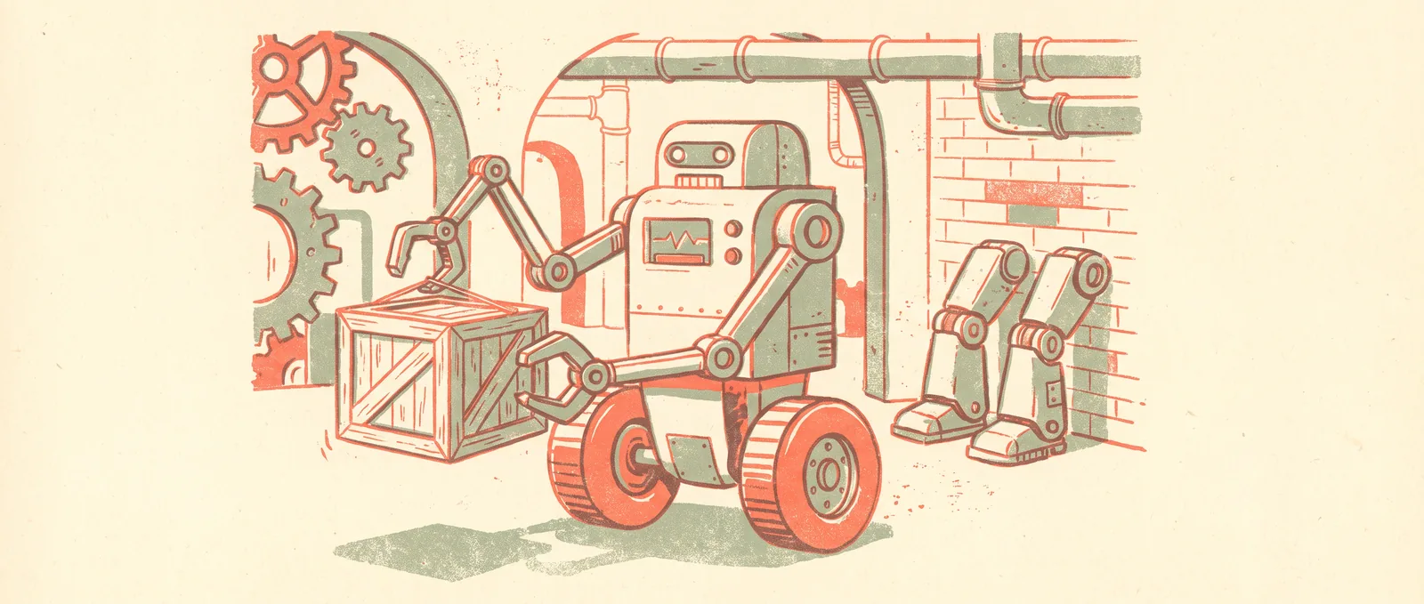 Illustrazione in stile risograph di un robot su ruote con due braccia che solleva una cassa in un'officina, mentre dietro di lui un paio di gambe meccaniche inutilizzate è appoggiato alla parete