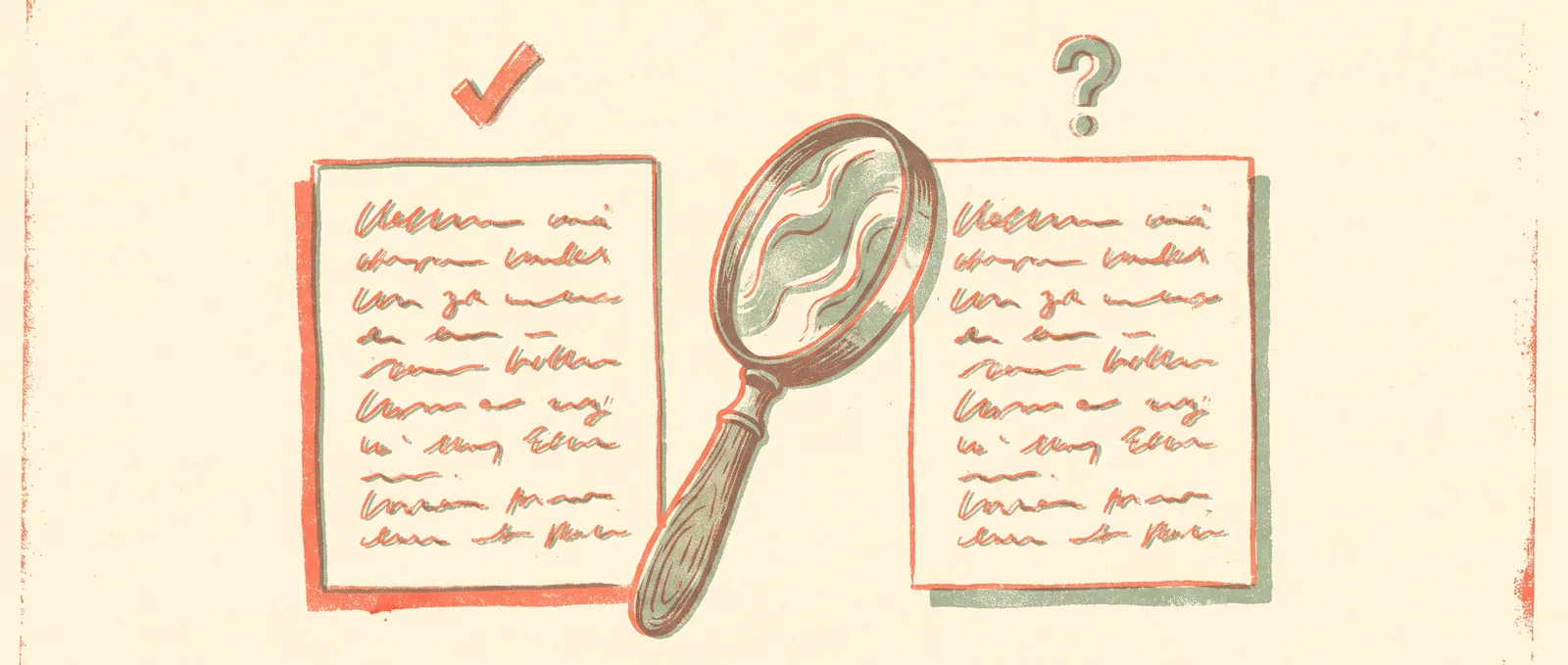 Illustrazione in risografia di due pagine manoscritte quasi identiche affiancate, con una lente d'ingrandimento tra loro, un segno di spunta sopra una e un punto interrogativo sopra l'altra