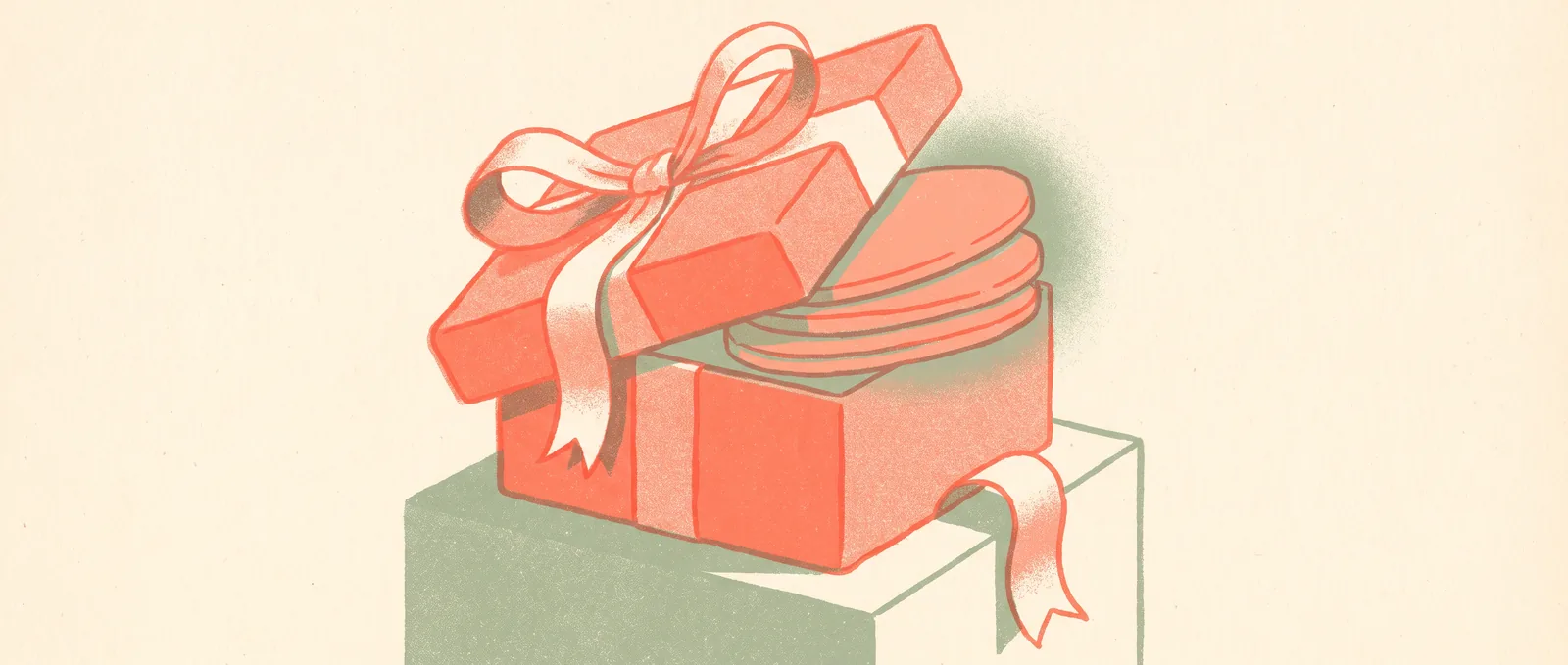Illustrazione in risografia di una scatola regalo su un piedistallo, con coperchio sollevato e nastro sciolto, che rivela una pila di lastre arrotondate vuote