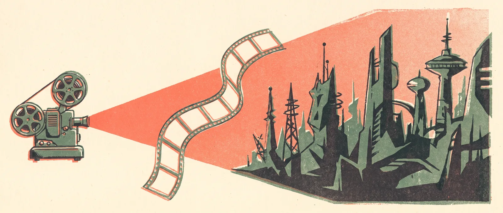 Illustrazione in risografia di un fascio di proiettore che attraversa uno skyline fantascientifico frastagliato, con una striscia di fotogrammi vuoti che si arriccia nella luce