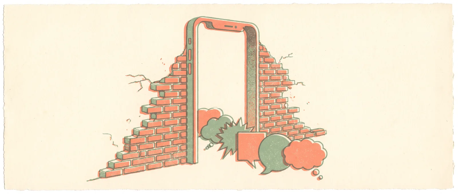 Illustrazione in risografia di una porta a forma di smartphone aperta in un muro di mattoni rotto, con un gruppo di fumetti di forme diverse raccolti all'apertura