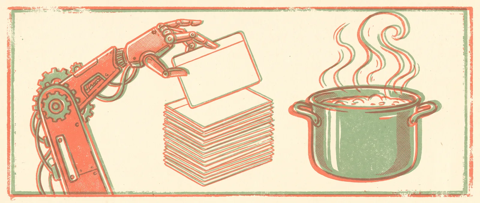 Illustrazione in risografia di un braccio meccanico che solleva una scheda di ricetta vuota in cima a un'alta pila di schede, con una pentola fumante accanto