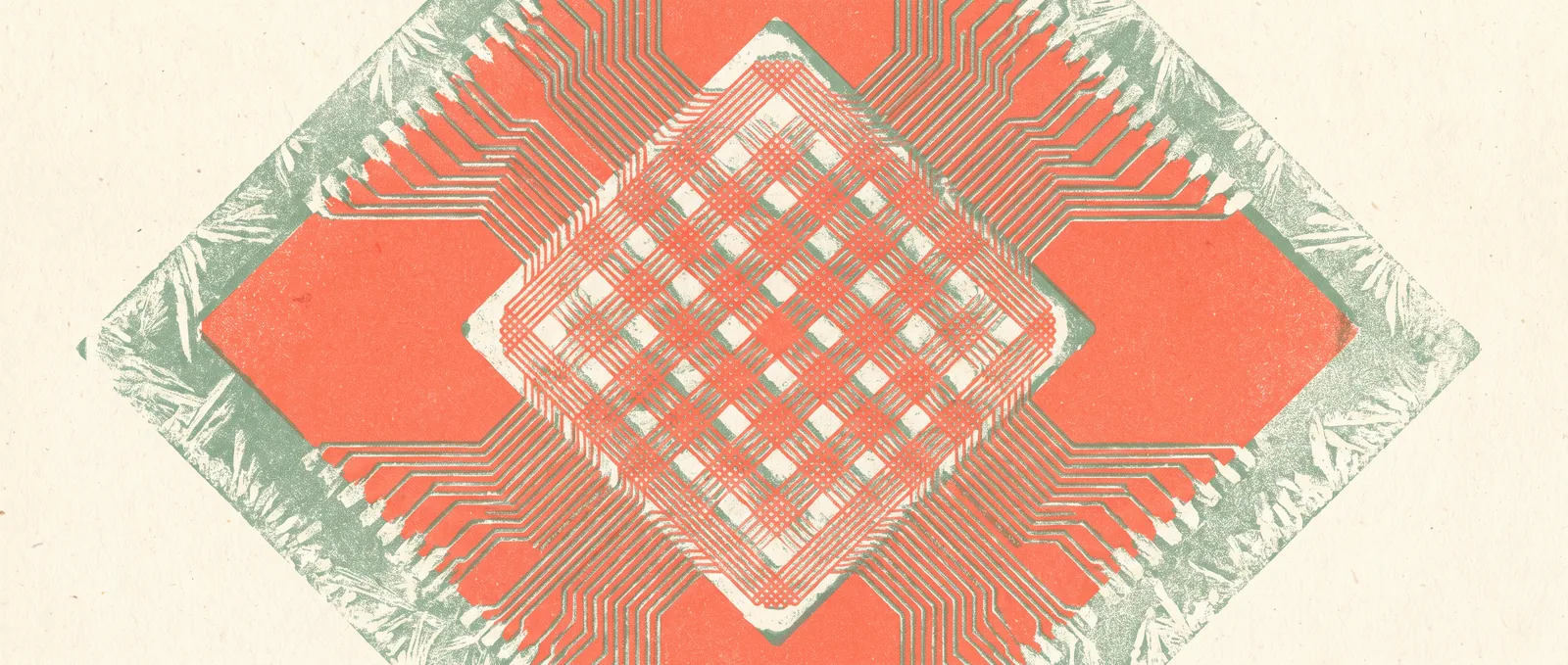 Illustrazione in risografia di un grande die di chip visto dall'alto, con un reticolo ripetuto inciso permanentemente nella superficie e piste color corallo che irradiano verso l'esterno