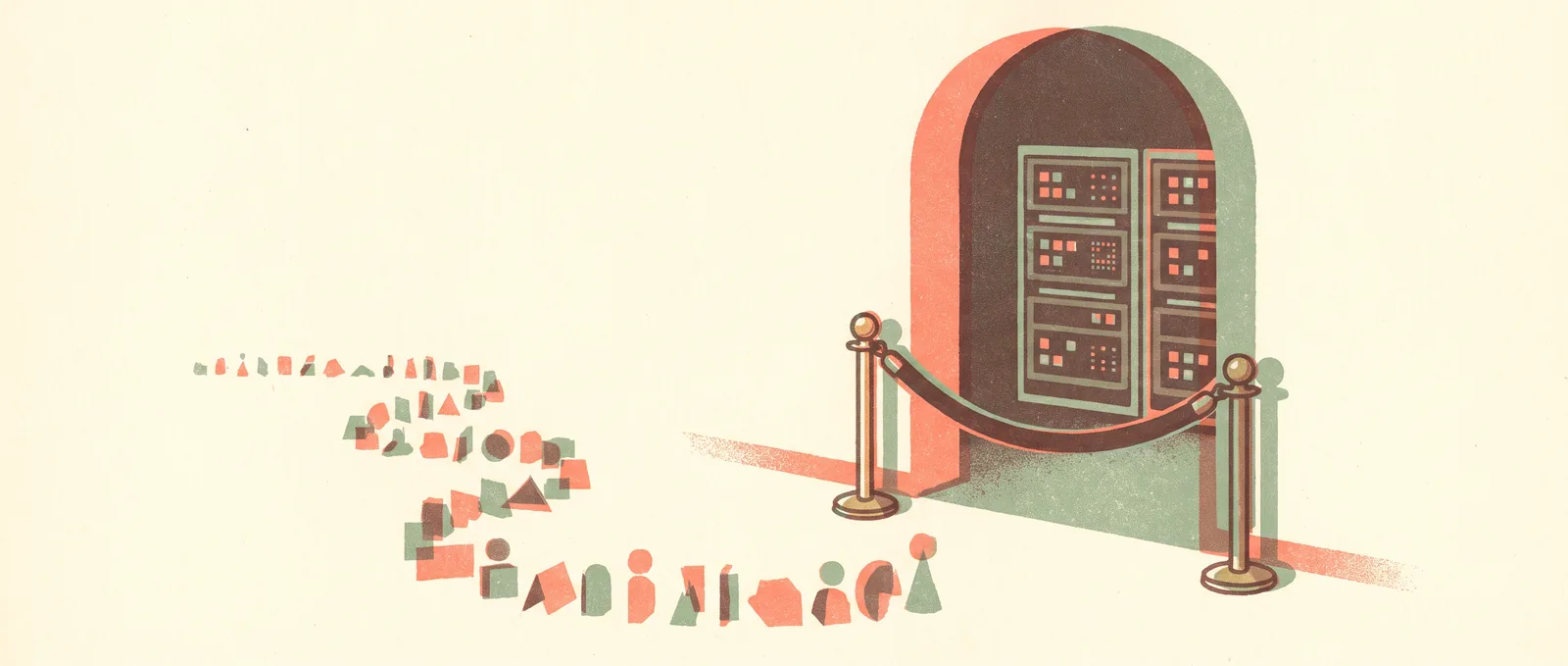 Illustrazione in risografia di una barriera di corda che chiude una porta con rack di server dietro, mentre fuori aspetta una lunga fila sinuosa di piccole forme