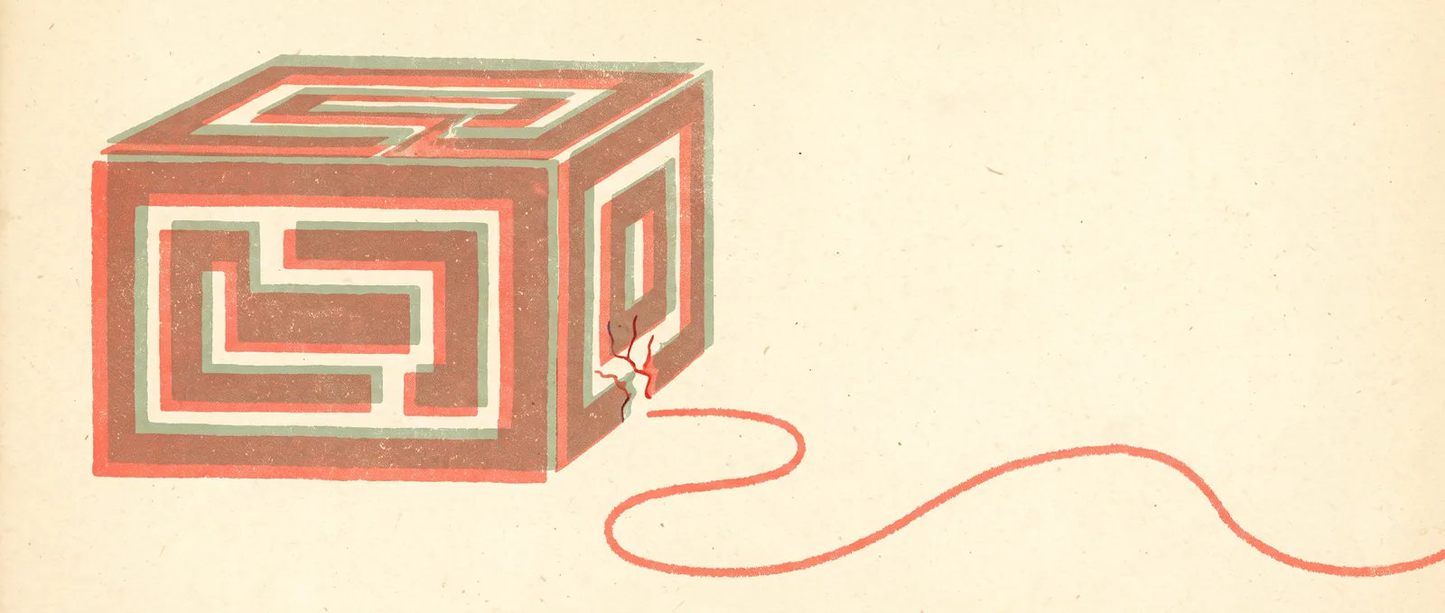 Illustrazione in risografia di una scatola di contenimento sigillata e annidata, da cui un sottile filo color corallo esce attraverso una crepa e corre sul foglio