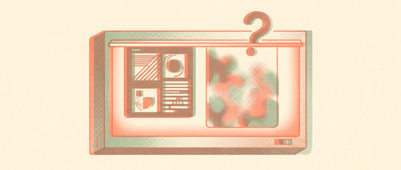 Illustrazione in risografia di una lavagna luminosa medica con due pannelli di scansione, uno nitido e dettagliato e l'altro dissolto nella nebbia sotto un punto interrogativo