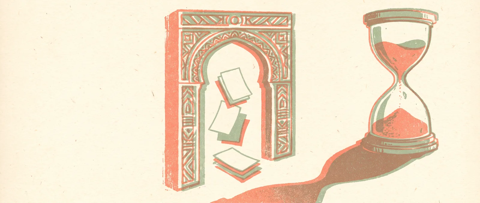 Illustrazione in risografia di un alto arco solitario attraverso cui fluttuano lentamente documenti vuoti, con una clessidra di sabbia color corallo accanto