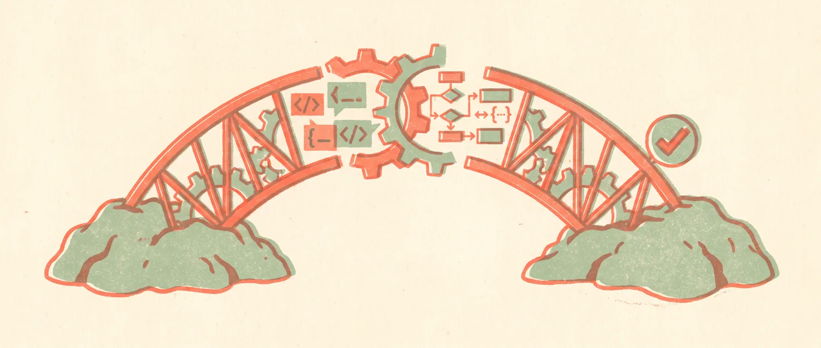 Due ponti raggiungono ingranaggi intrecciati che traducono blocchi di simboli di codice astratti, con un distintivo a forma di spunta in fondo