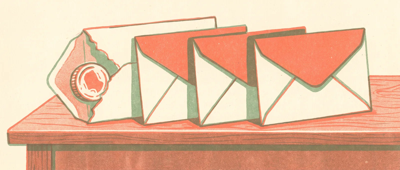 Risograph illustration of a row of envelopes on a desk, the first torn open with a coin sliding out, the rest still sealed