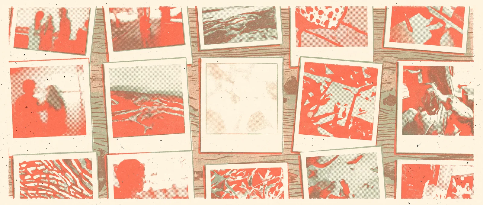 Risograph illustration of printed photographs spread in a loose grid on a wooden desk, one frame in the middle still blank