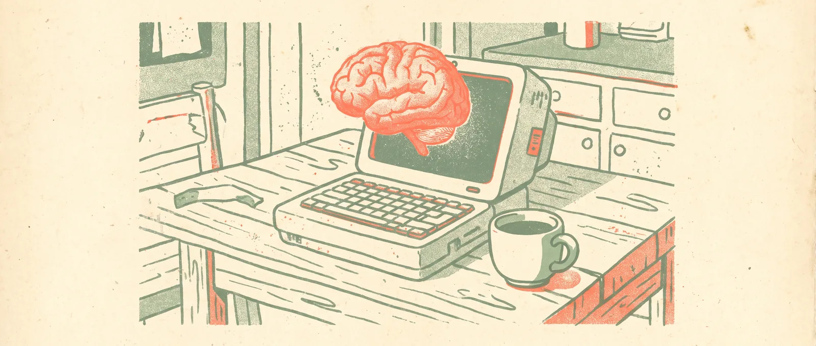 Risograph illustration of an older laptop open on a kitchen table with a glowing brain rising from its screen and a coffee cup beside it