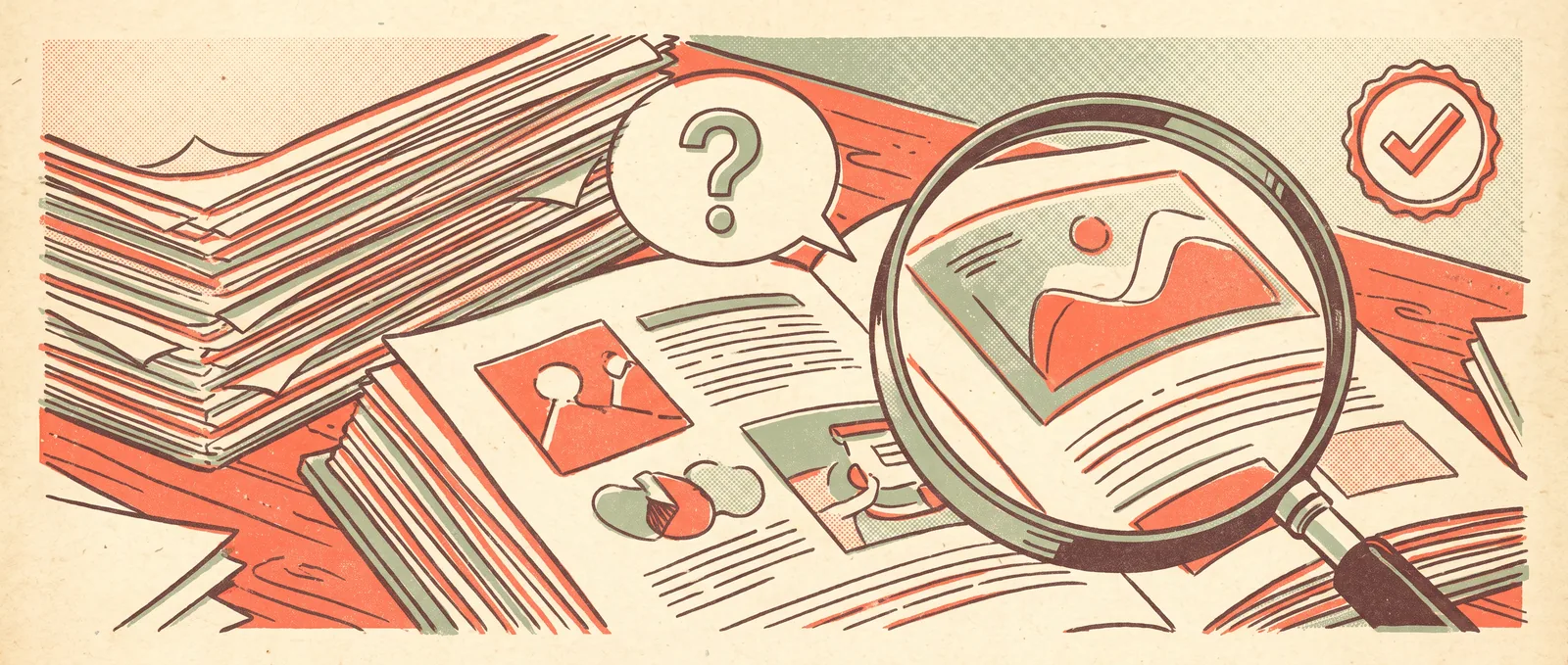 Risograph illustration of a thick document under a large magnifying glass, a question-mark speech bubble rising from a page and a check-mark badge in the corner