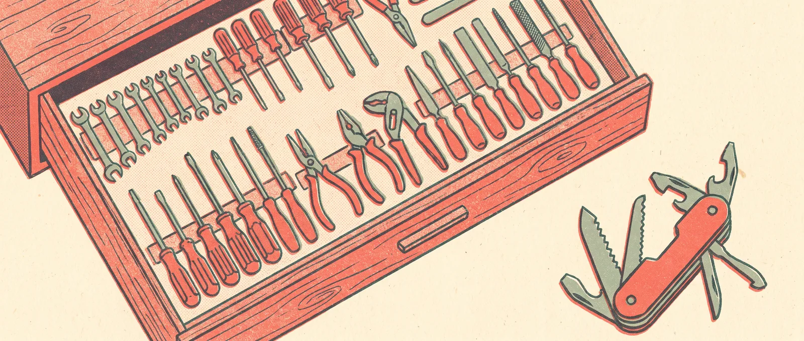 A workshop drawer of small precise specialist tools, one oversized multi-tool set aside in the corner