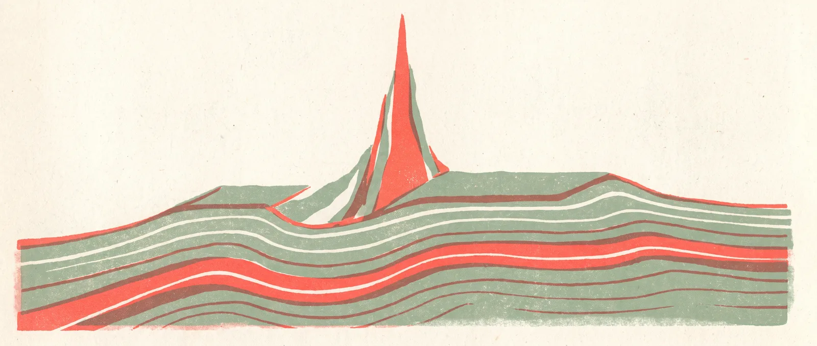 Ein geologischer Querschnitt, in dem ein schmaler Gipfel weit über die umliegenden flachen Plateaus hinausragt
