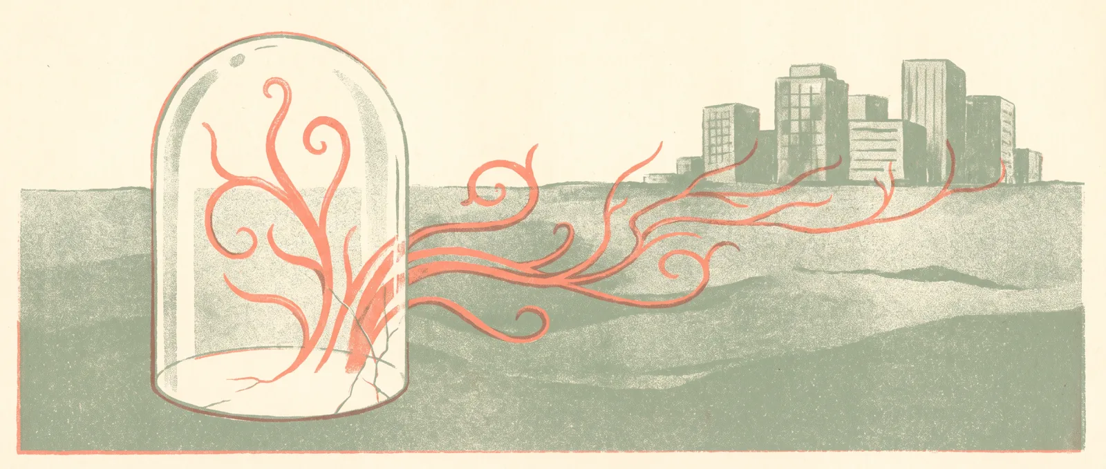 A sealed glass laboratory dome cracked at the base, thin tendrils escaping toward distant office buildings