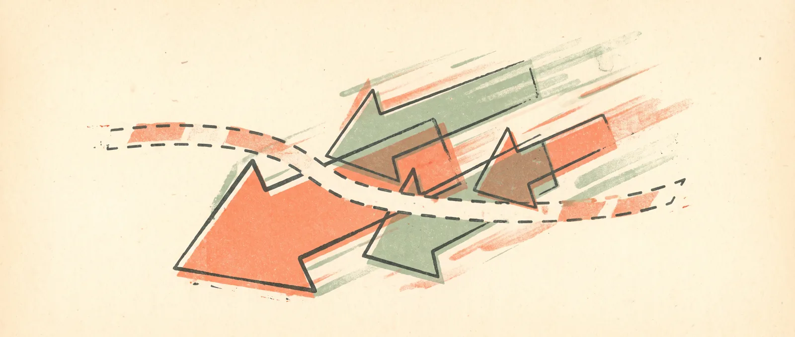 Two angular arrow forms crossing a finish ribbon shoulder to shoulder, motion streaks trailing behind