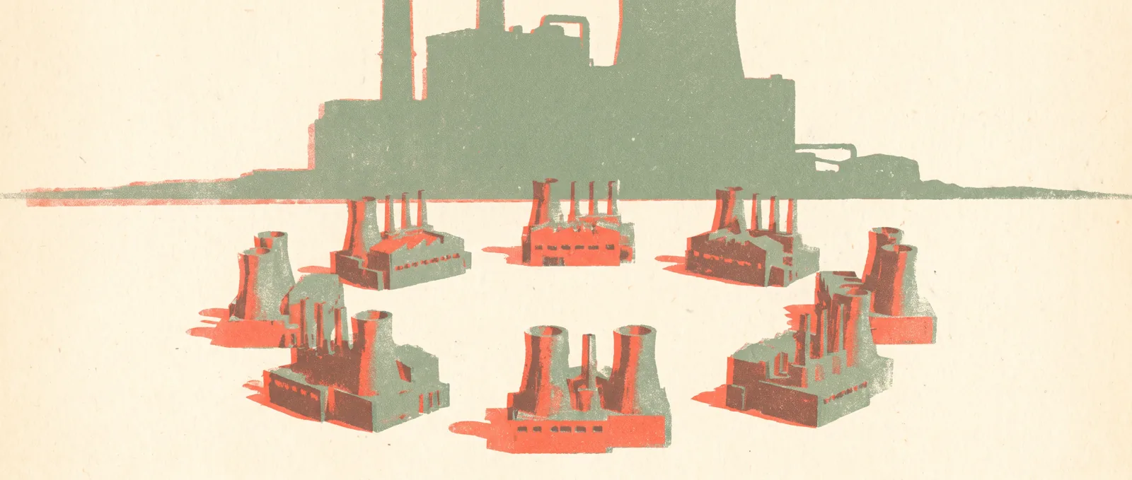 Sept petites usines disposées en cercle, dominées par une usine beaucoup plus vaste à l’horizon
