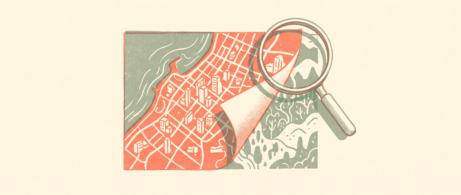 A printed city map with one rectangular patch peeled back like a sticker, showing an invented landscape underneath, a loupe hovering over the seam