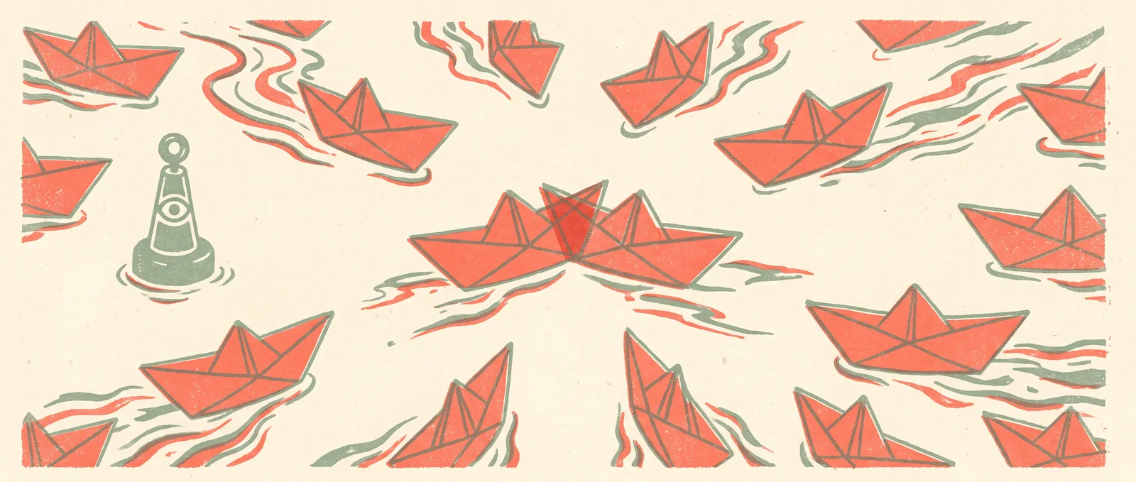 Dozens of folded paper boats crossing a pond in overlapping lanes, their wakes forming interference patterns, two colliding in the centre while a lone buoy watches