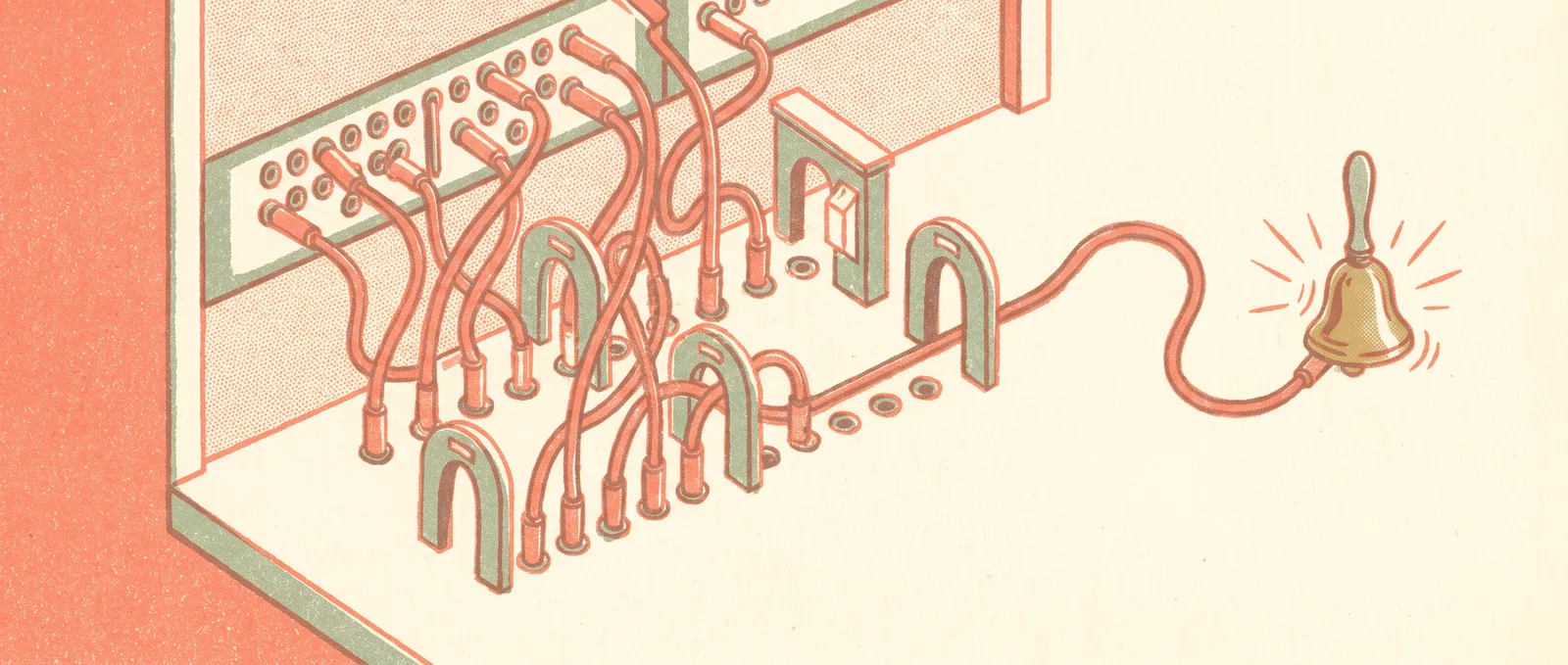A vintage telephone switchboard whose patch cords each pass through a row of small arched checkpoints, one cord branching off to ring a brass handbell