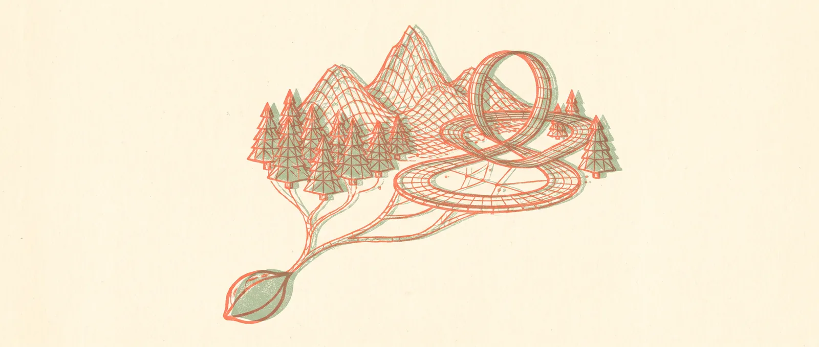A single seed sprouting into a whole miniature landscape of mountains, trees and a looping track, all drawn as thin glowing wireframe mesh