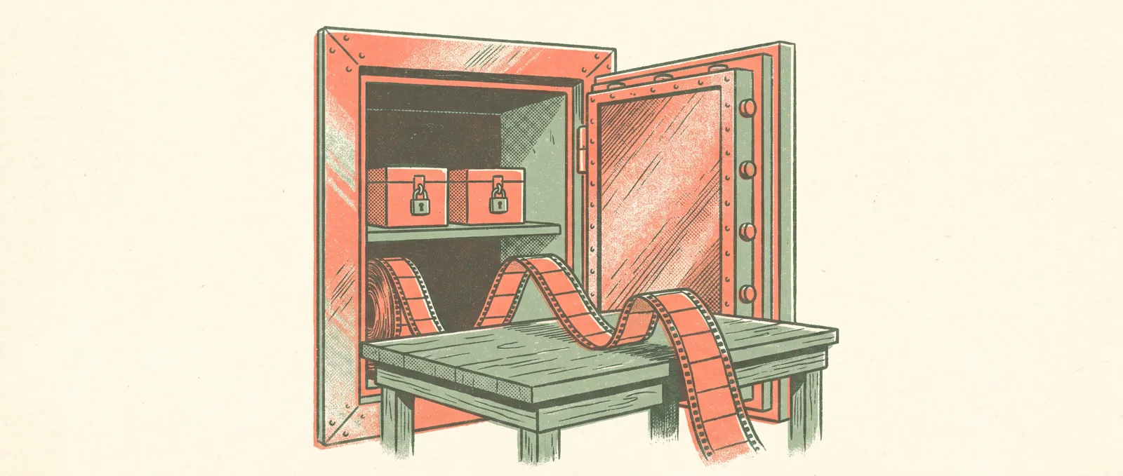 An open bank vault with a long strip of film unspooling out onto a workbench, while two small padlocked boxes stay shut on a shelf inside