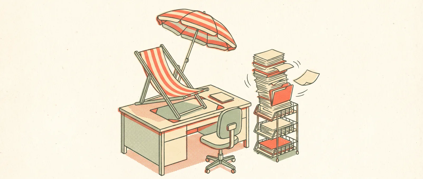 A striped deck chair and sun umbrella set up on top of an office desk, the office chair pushed aside, while a stack of paperwork sorts itself into trays alongside