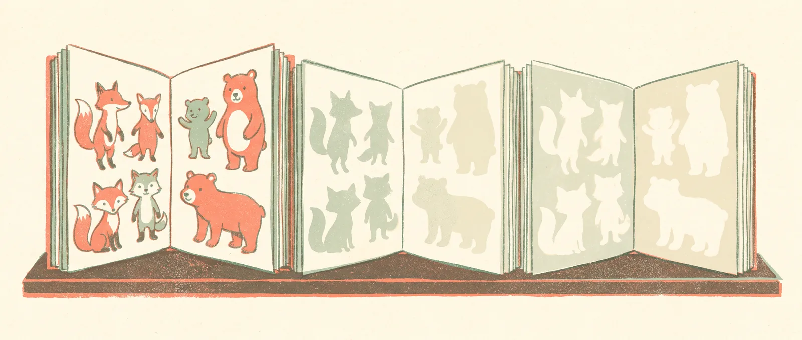 A shelf of open picture books whose animal characters fade into blank silhouettes toward the right