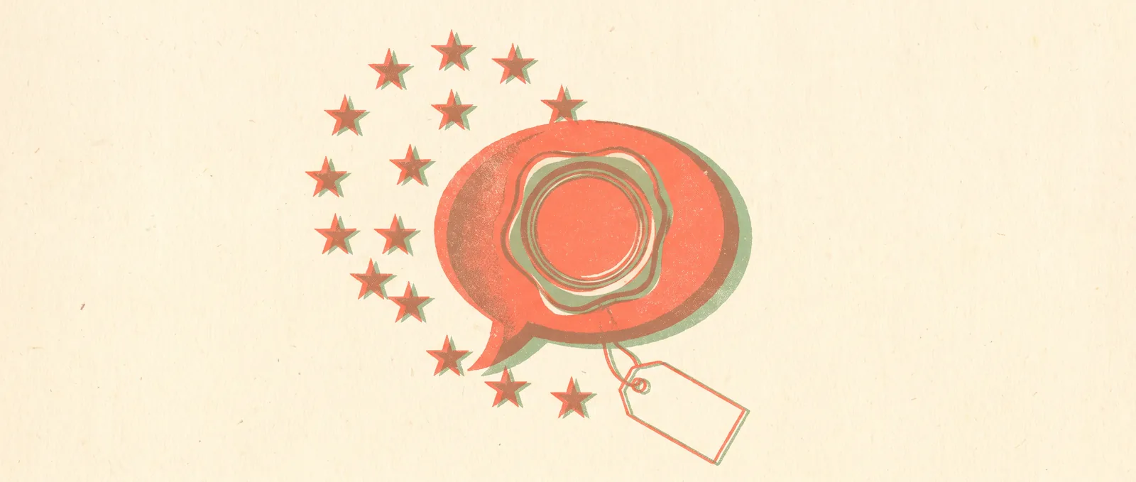 Un anillo de doce estrellas presionando un sello de cera oficial sobre un gran bocadillo con una pequeña etiqueta adjunta