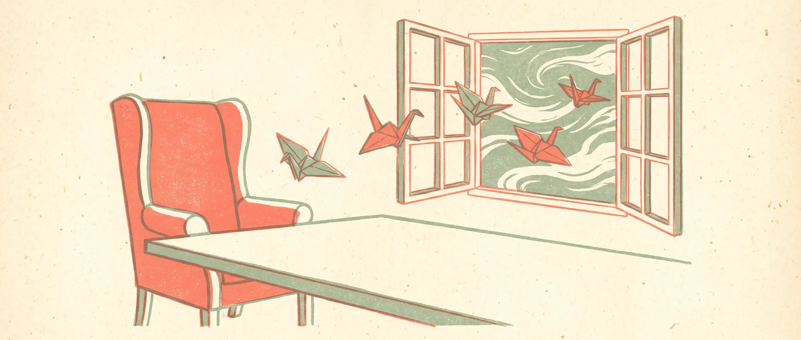 An empty chair at the head of a long boardroom table while four paper birds fly out through an open window