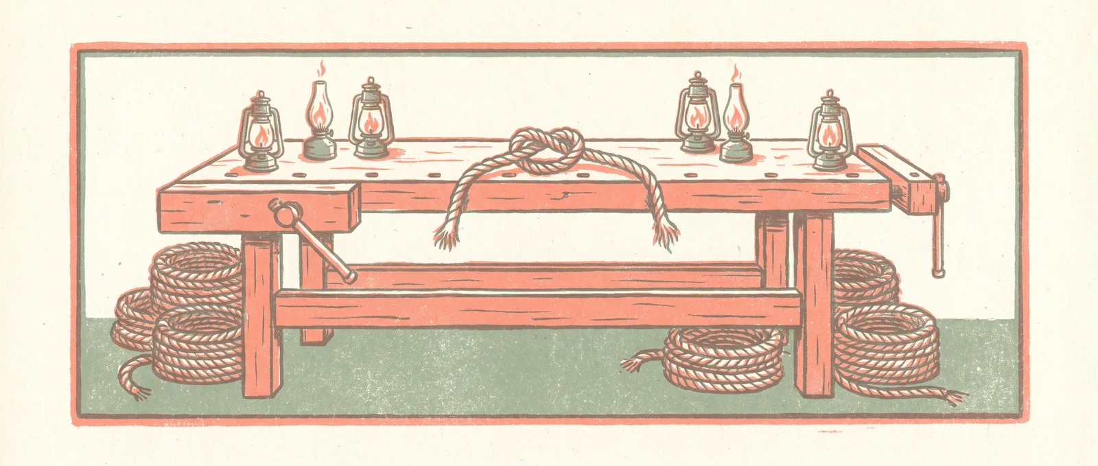 Un établi de charpentier vide à l'intérieur d'un cadre d'écran, une corde nouée posée dessus et des lanternes à huile brûlant régulièrement aux deux extrémités