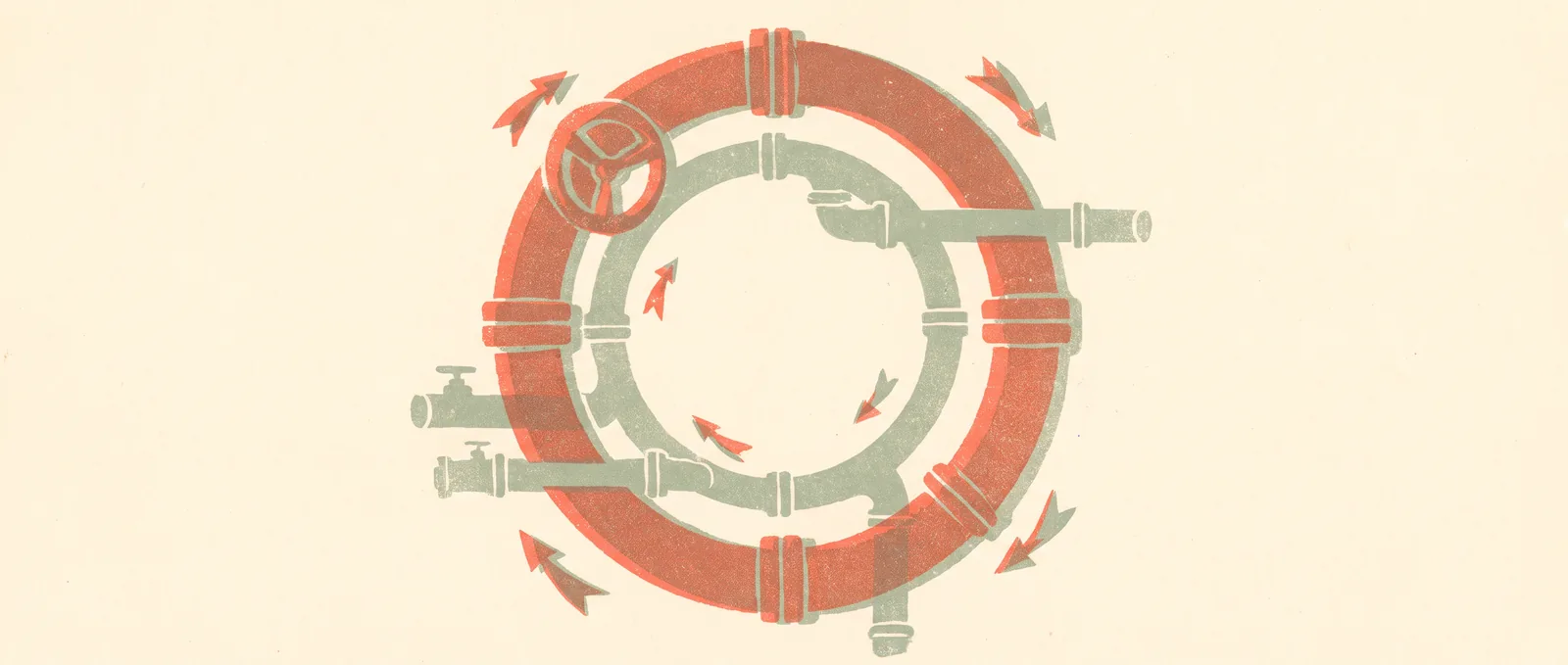 A closed loop of pipes in which one enormous pipe dwarfs several thin side pipes and the flow circles back into itself